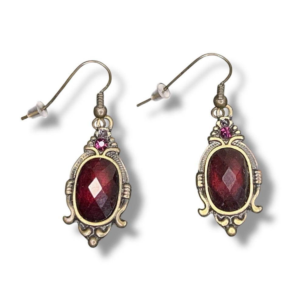 Victorian Style Dangle Earrings Bronze Look Deep Red Burgundy Boho Bohemian